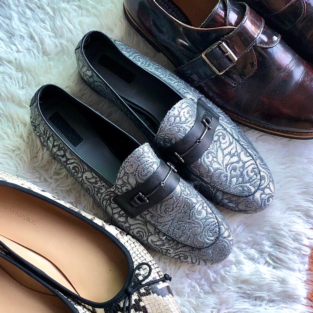 Jacquard Gucci style gray metallic loafers flats